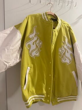 No Vacancy Varsity Jacket in Lime Yellow with White Trim